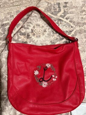 thirty-one Red Leather Shoulder Bag with Embroidered Floral Wreath